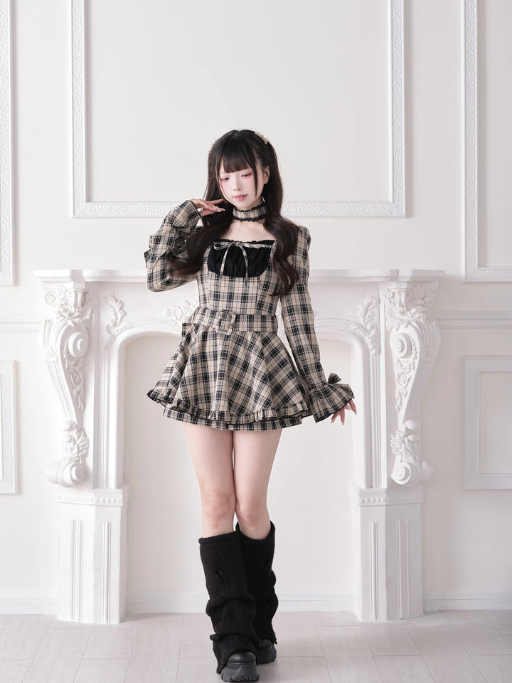 Jirai Kei Plaid Dress and Shorts Set, Lace Trim Choker 44689:819254