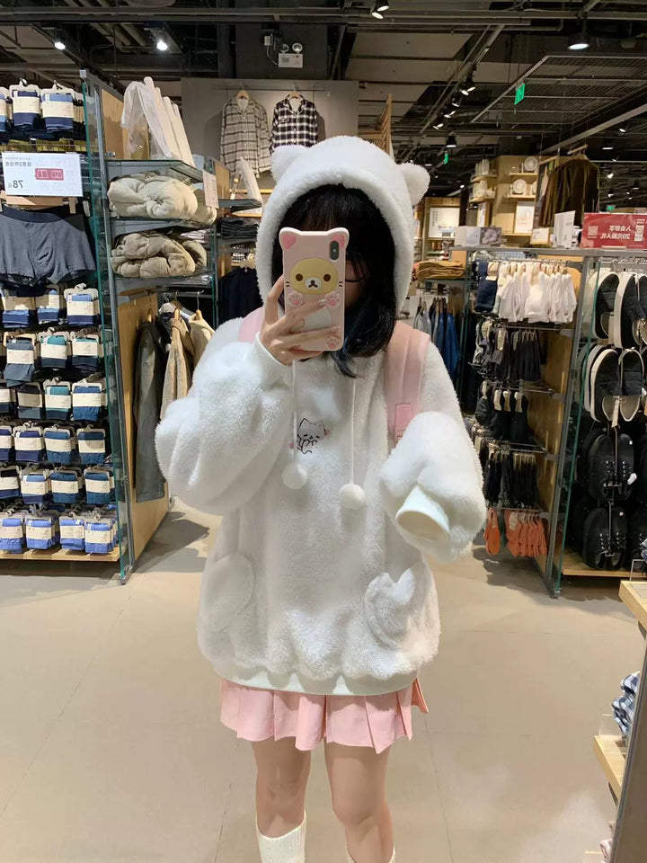 Kawaii Coat Cat Embroidered Plush Hoodie Pajama Set 39716:644578