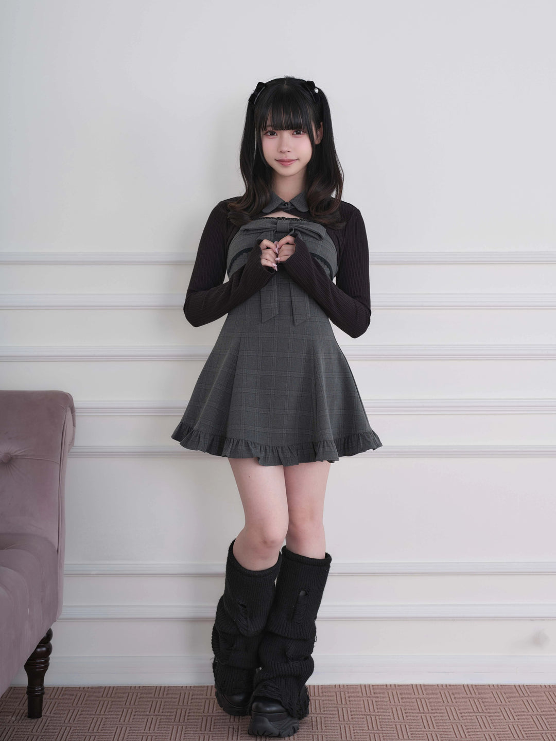 Ryousangata Dress & Knit Bolero Set, Plaid/Striped Pattern 46030:873173