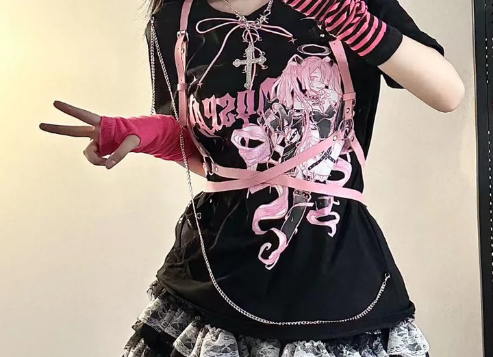 Y2K Fashion T-shirt Gyaru Print Top For Women (M S) 37556:593872