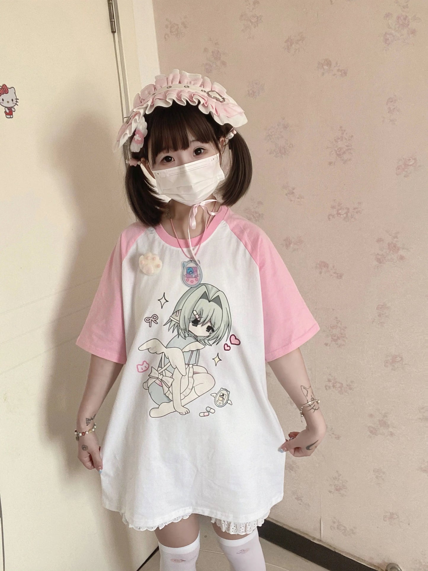 Jirai Kei Shirt Pink Raglan Sleeve Anime Top 37998:577970