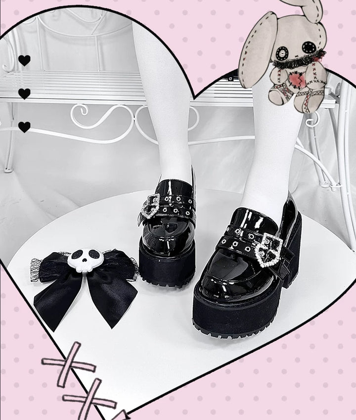 Punk Slip-on Platform Shoes, Heart Rhinestone Buckle Strap 45864:867047