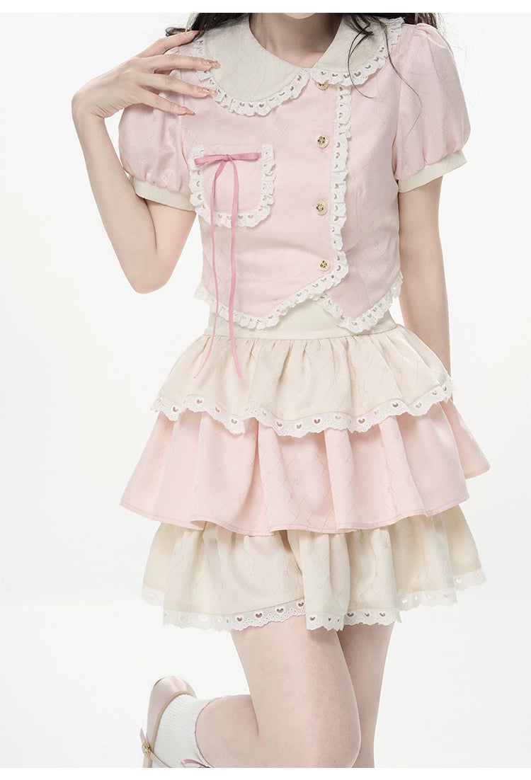 Kawaii Pink Outfit Set Sweet Tiered Skirt Set 37546:576806