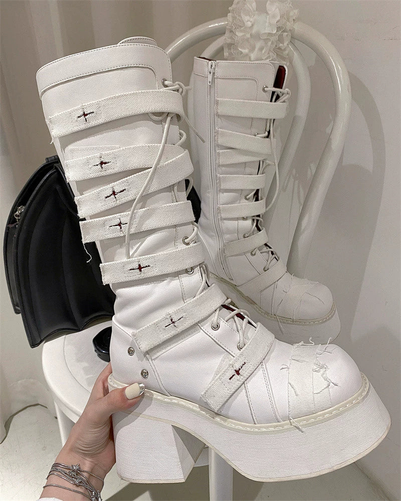 Punk Combat Boots Cross Strap Black White Boots 33822:446160 33822:446160