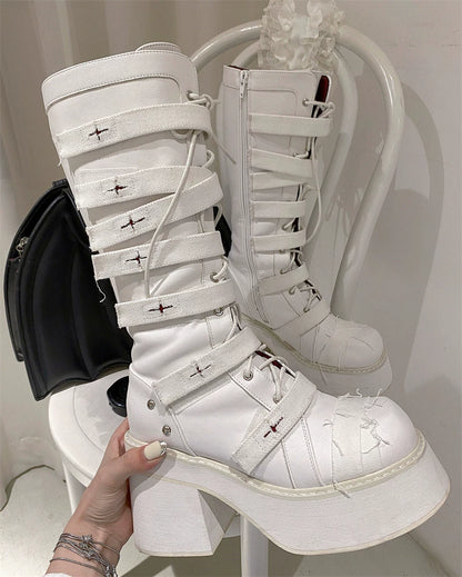 Punk Combat Boots Cross Strap Black White Boots 33822:446160