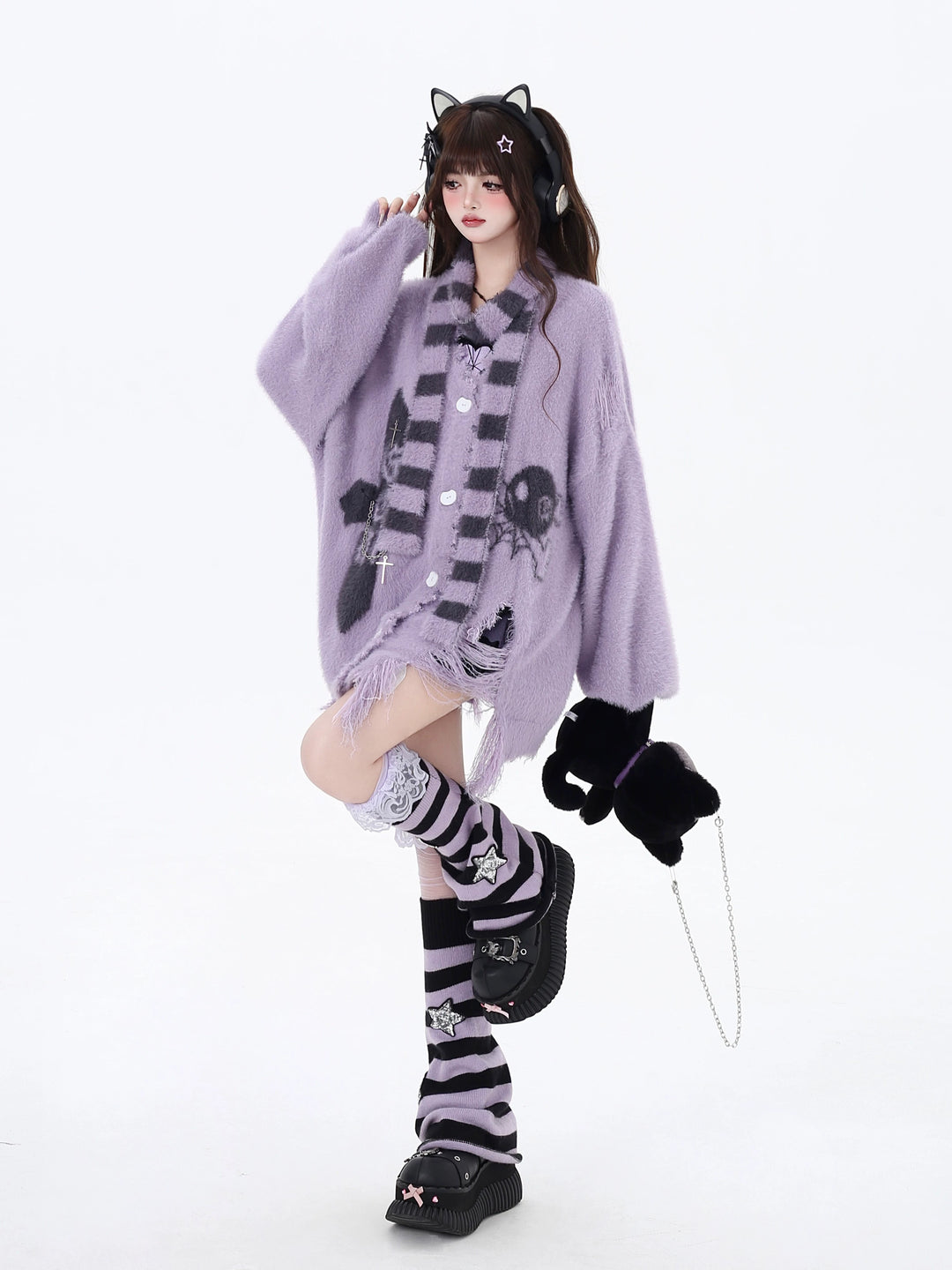 Subculture Sweater Irregular Hem Cardigan With Striped Scarf 40922:680402