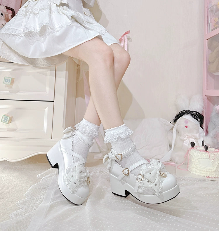 Jirai Kei Platform Shoes, Lace Bow Details, Chunky Heel 43445:778172