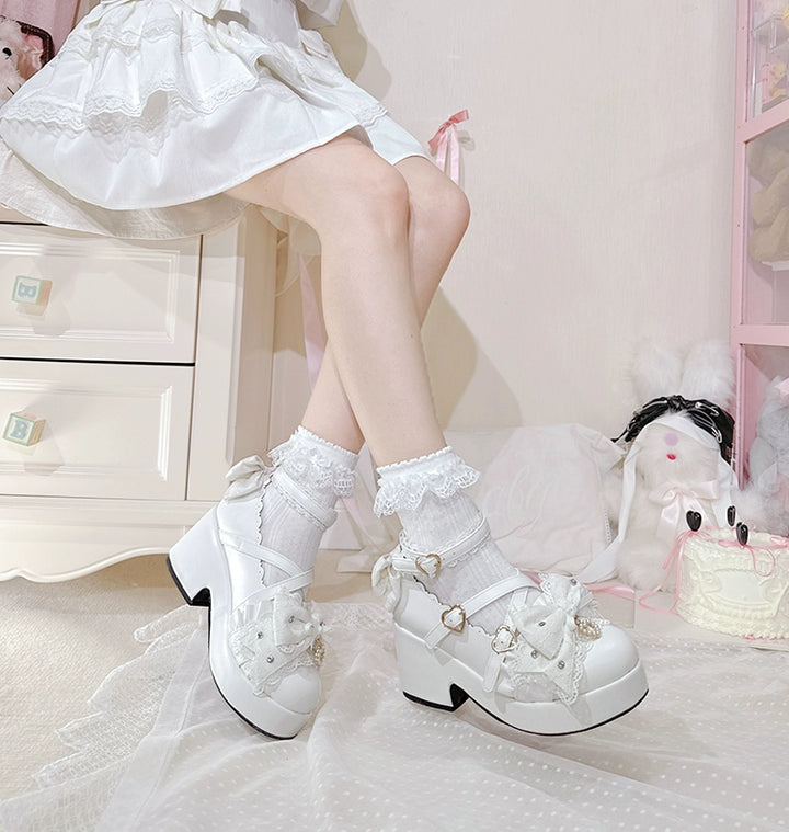 Jirai Kei Platform Shoes, Lace Bow Details, Chunky Heel 43445:778172