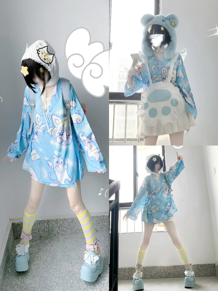 Kawaii Bathrobe Polka Dot Dress With Cat Angel Print 38222:592770