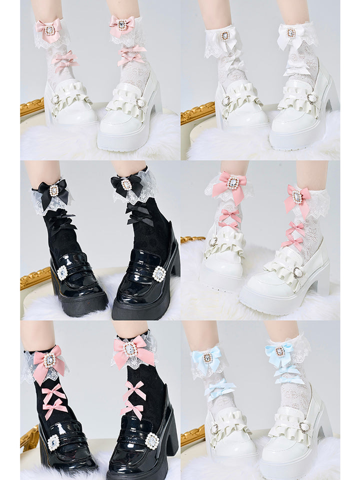 Jirai Kei Socks With Square Rhinestone Bows And Lace Trim 42251:733570