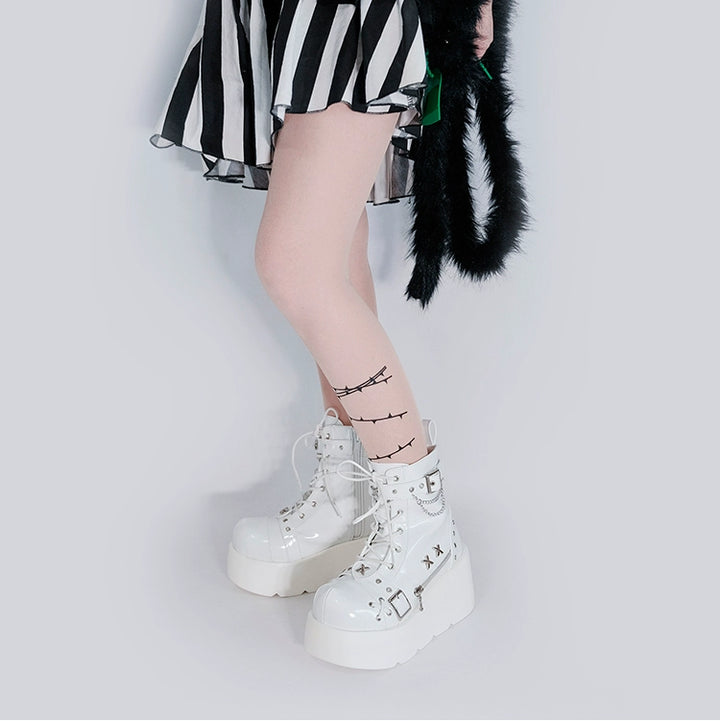 Punk Shoes Black White Platform Gyaru Fashion Combat Boots 29710:368890