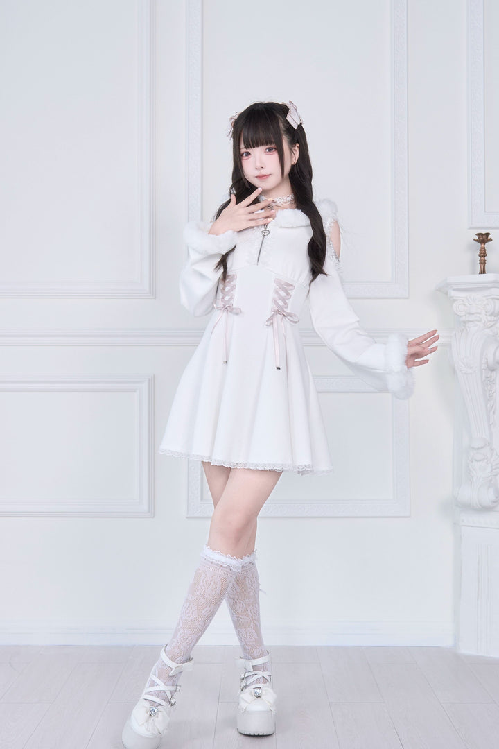 Open-Shoulder Jirai Kei Dress, Oversized Hood 43940:789816