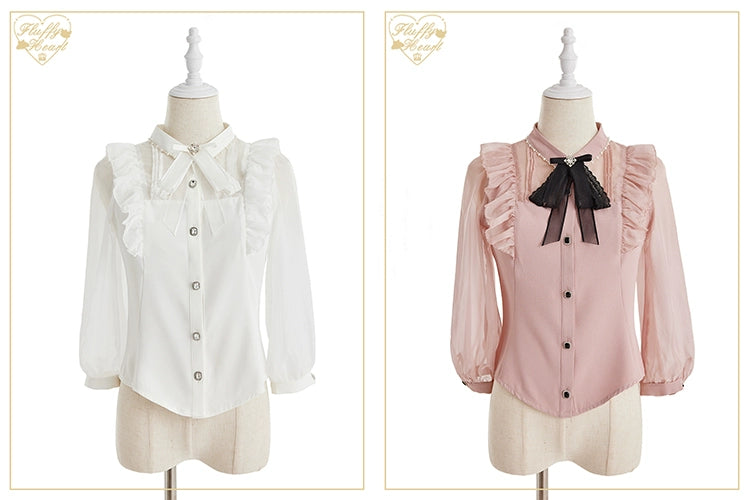White Pink Jirai Kei Blouse Sheer Lace Shirt with Rhinestone 32914:403852