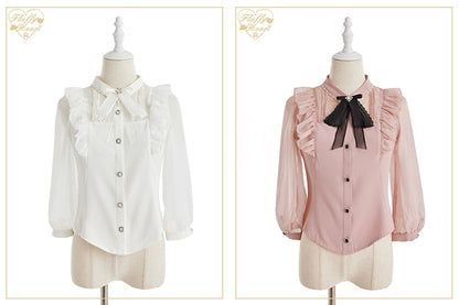 White Pink Jirai Kei Blouse Sheer Lace Shirt with Rhinestone 32914:403852