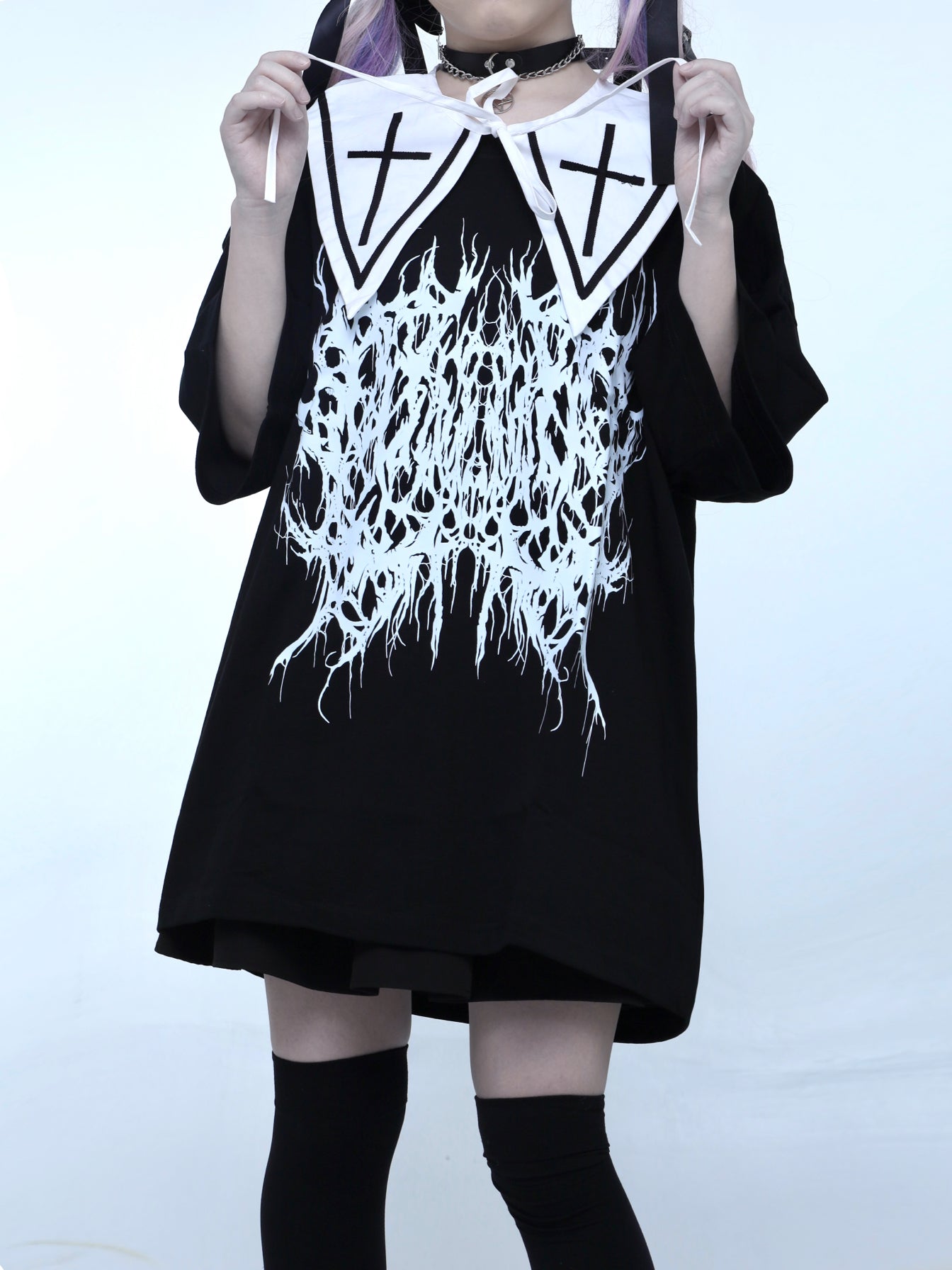 Gothic Jirai Kei Black T-shirt Cross Embroidery Fake Collar