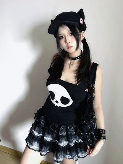 Jirai Kei Skirt Gothic Punk Skirt Black Lace Puff Skirt 36582:558576