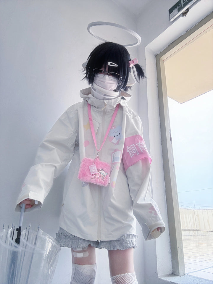 Kawaii Medical Coat Cat Print Coat Beige Hooded Top 38058:579286