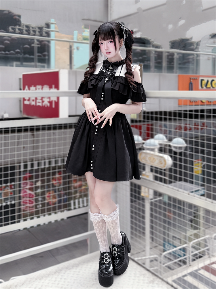 Jirai Kei Open Shoulder Dress, Layered Ruffle 44949:831320