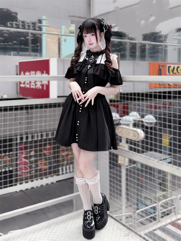 Jirai Kei Open Shoulder Dress, Layered Ruffle 44949:831320