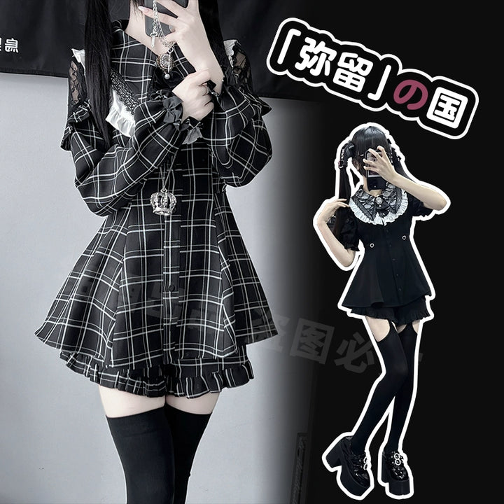 Jirai Kei Dress Set Black Plaid Dress With Puritan Collar 39506:635876