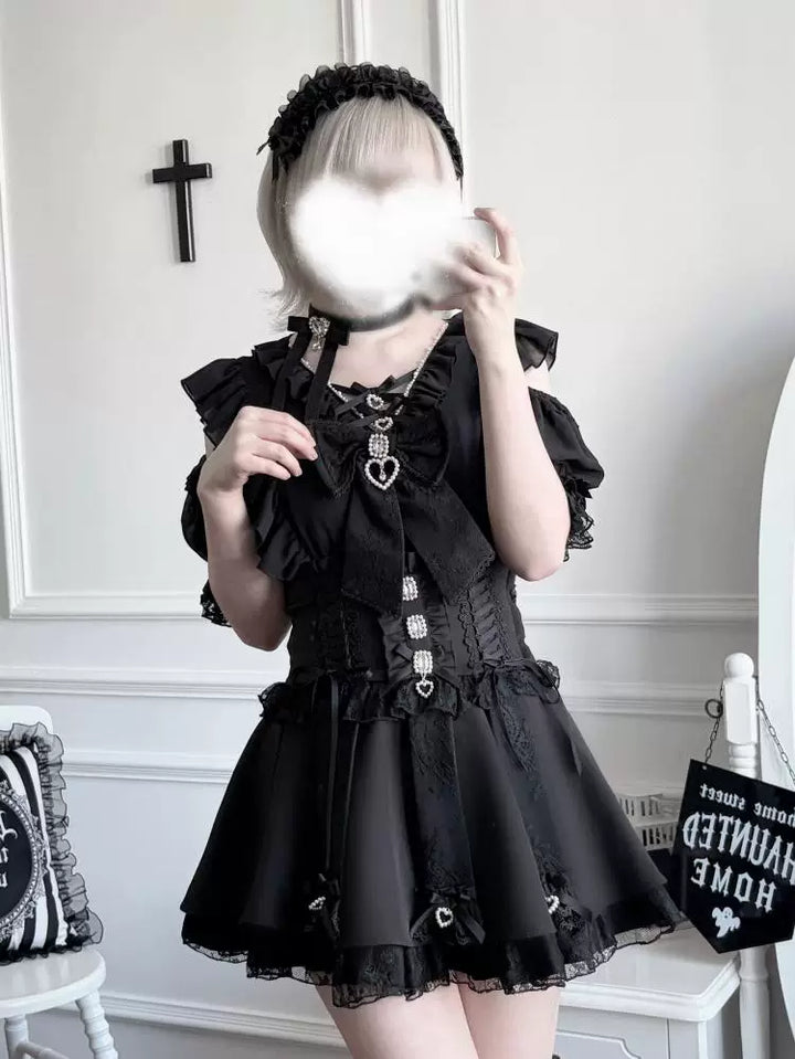 Jirai Kei High Waist Skirt, Lace Ruffle & Rhinestone 45843:865668