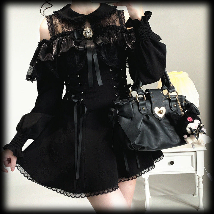 Jirai Kei Open-Shoulder Dress, Bust Lace Flounce Hem 44468:809945