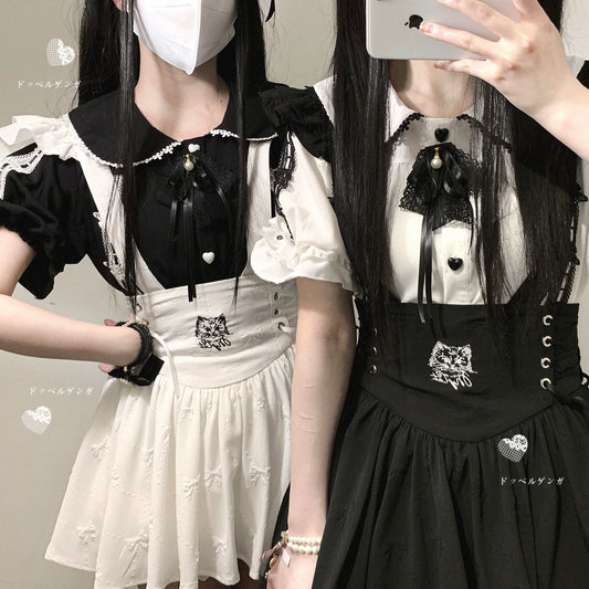Jirai Kei Skirt High Waist Suspender Skirt Cat Print 35384:490468