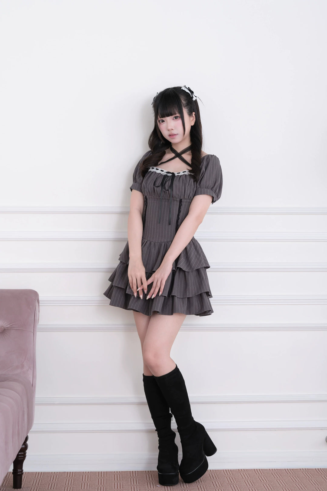 Jirai Kei Striped Halter Dress, Lace and Bow 45722:860228