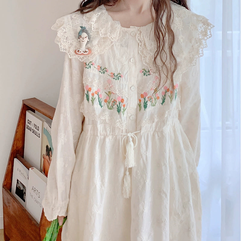 Mori Kei Peter Pan Collar Beige Lace Embroidery Long Sleeve Dress (L M S XL) 22568:329356 (L M S XL) 22568:329356