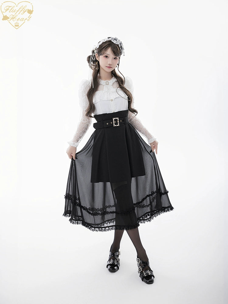 Lace-sleeves Jirai Kei Blouse & Voile Skirt With Detachable Belt 42954:758900