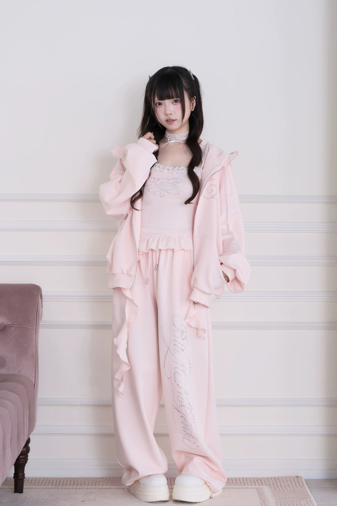 Sporty Hoodie Jacket 4-Piece Set, Hot-Fix Rhinestone 45857:865854