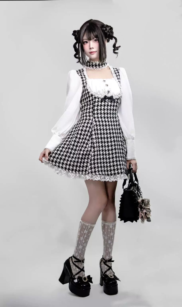 Jirai Kei Houndstooth Dress, Non Detachable Choker (2XL L M S XL) 45266:842688