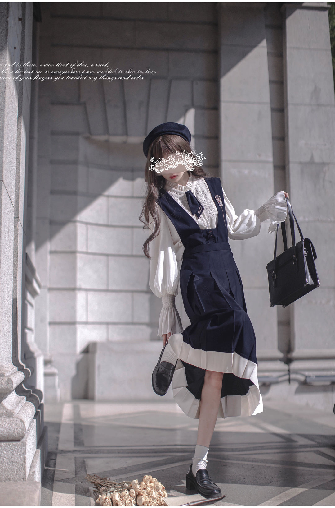 Navy Preppy Style Jumper Dress + Chiffon Blouse 41452:779236
