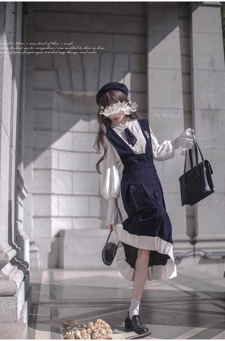 Navy Preppy Style Jumper Dress + Chiffon Blouse 41452:779236