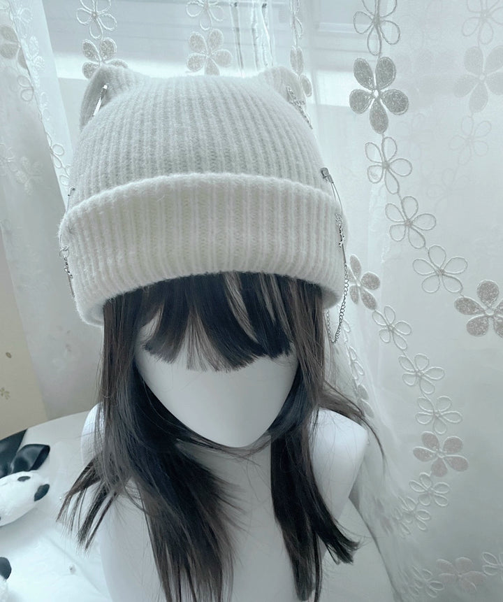 Jirai Kei Harajuku Fashion Cross Chain Knit Cat Ear Hat 21666:311336 21666:311336