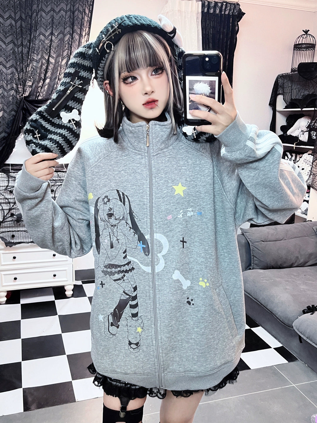 Plus Size Kawaii Jacket Grey Stand Collar Hoodie (2XL L M S XL / Grey) 35340:489198 (2XL L M S XL / Grey) 35340:489198