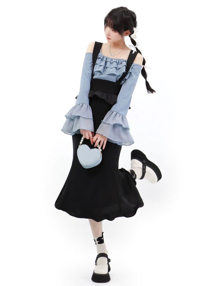 Elegant Outfit Set Chiffon Blouse Suspender Skirt Set 40238:663484