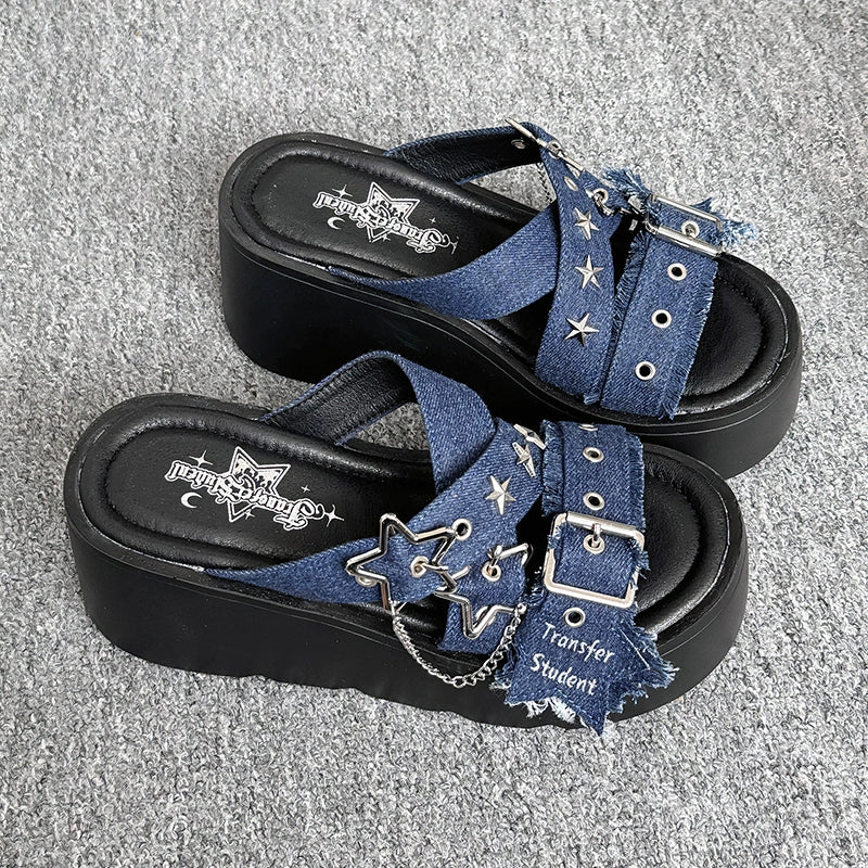 Y2K Shoes Starry Subculture Platform Sandals Punk Shoes (34 35 36 37 38 39 40 / Blue) 38048:596126