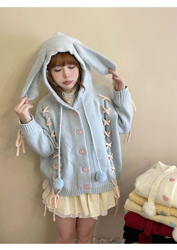 Kawaii White Pink Blue Cardigan Bunny Ears Sweater Coat 22658:345354 22658:345354