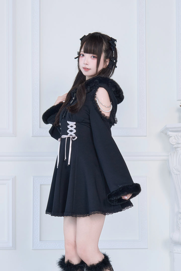 Open-Shoulder Jirai Kei Dress, Oversized Hood 43940:789825