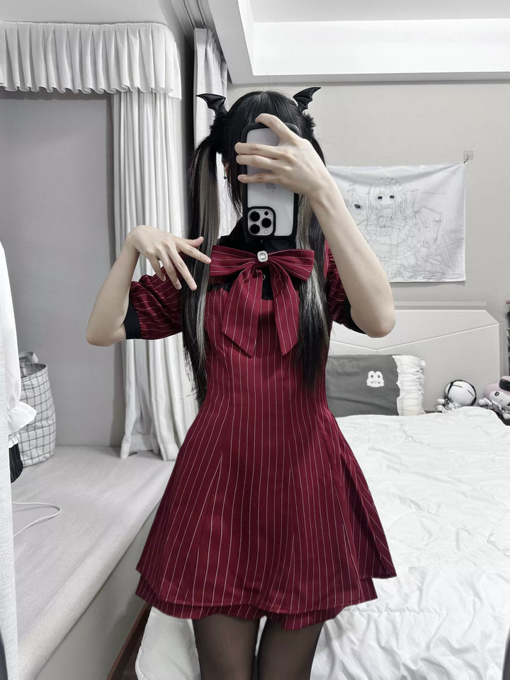 Burgundy Jirai Kei Striped Dress, Rhinestone Bow Tie 45805:863886