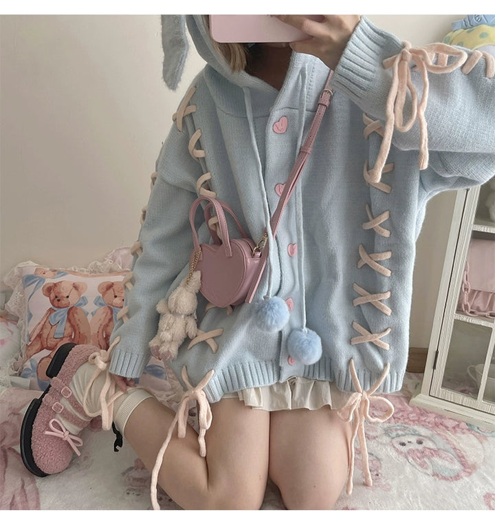 Kawaii White Pink Blue Cardigan Bunny Ears Sweater Coat 22658:345252 22658:345252