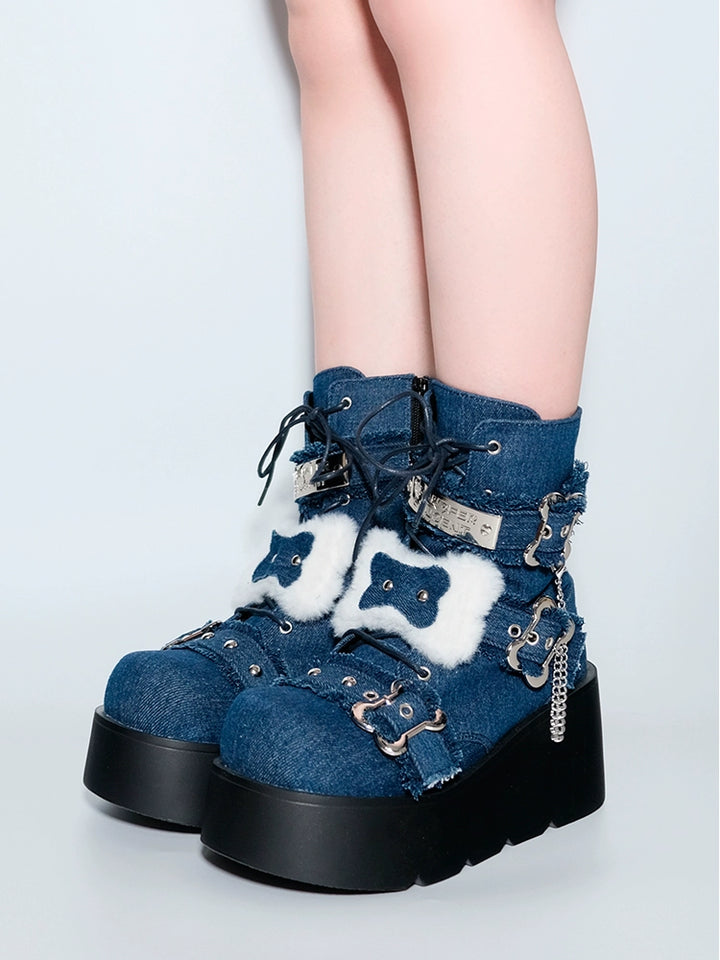 Subculture Shoes Bone Round Toe Platform Denim Martin Boots 40324:656162