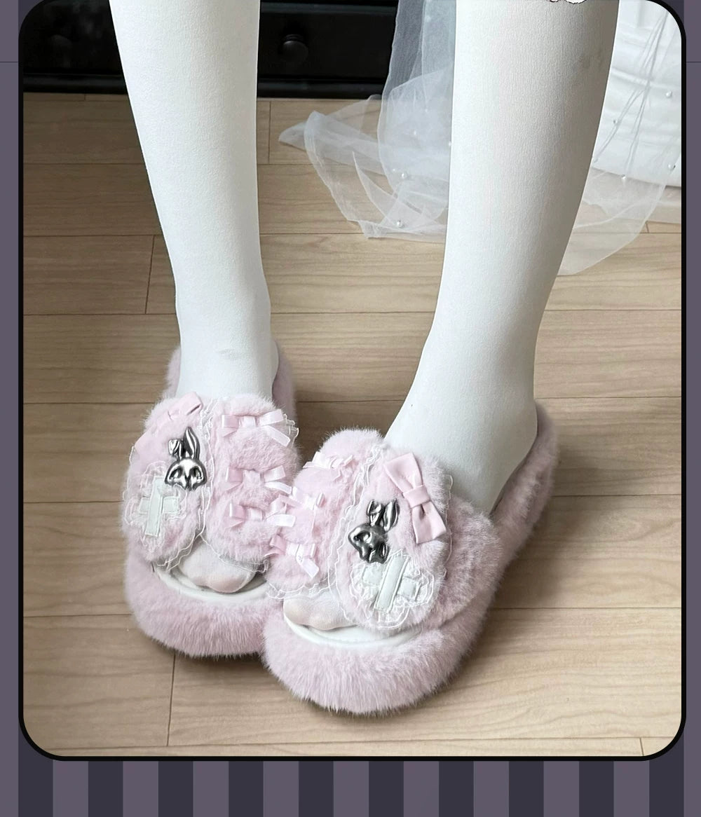 Jirai Kei Plush Wedge Platform Slippers, Bunny & Bow Accents 45959:870511
