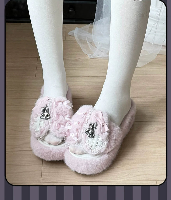 Jirai Kei Plush Wedge Platform Slippers, Bunny & Bow Accents 45959:870511