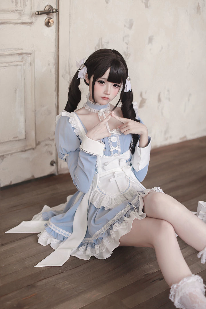 Ryousangata Water Blue Dress Set, Detachable Apron 44927:828856