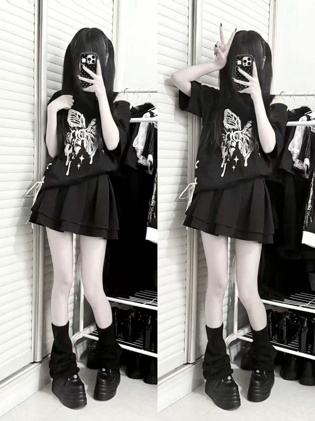 Cotton Gothic Butterfly Print T-Shirt, Zipper Shoulder 43653:782341