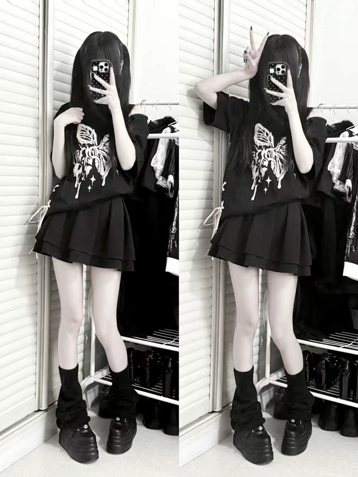 Cotton Gothic Butterfly Print T-Shirt, Zipper Shoulder 43653:782341