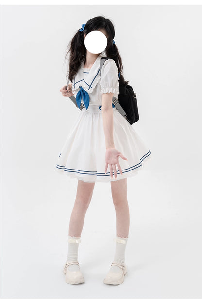 Preppy Dress Sailor Collar Dress White Short Sleeve Dress 36416:574302
