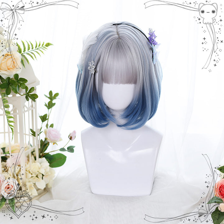 Lolita Fashion Black/Gray/Light Blue Air Bangs Bob Wig 22810:330558 22810:330558